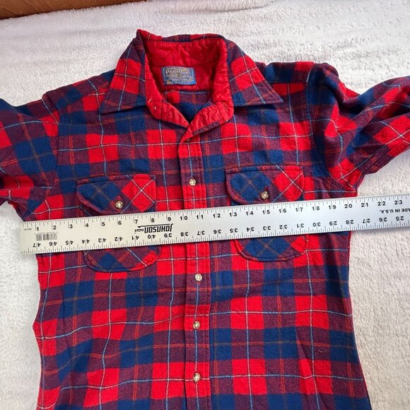 Vintage Pendleton Mens Red Blue Tartan Plaid Wool Button Up Shirt Medium Pockets - Picture 8 of 9